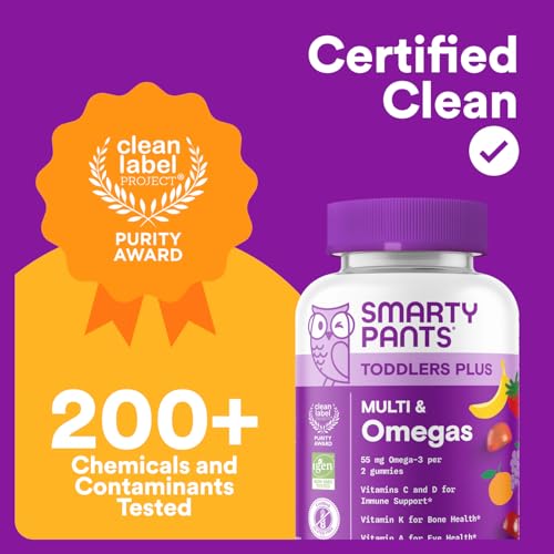 SmartyPants Toddler Multivitamin Gummies - Improved Formula: Omega 3 (DHA/EPA), Vitamins D3, C, Vitamin B12, B6, A, K & Zinc, Biotin, Gluten Free, Three Fruit Flavors, 60 Count (30 Day Supply)
