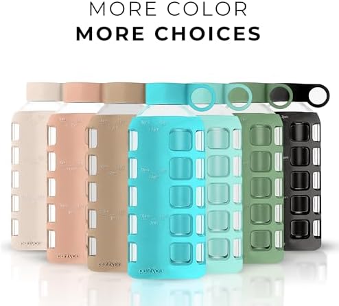 purifyou 40/32/22/12 oz Borosilicate Glass Water Bottles with Volume Markers, Silicone Sleeve, Stainless Steel Lid, Reusable Bottle for Water, Juice, Gym, and Fridge Storage (22oz Aqua Blue)