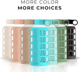 purifyou 40/32/22/12 oz Borosilicate Glass Water Bottles with Volume Markers, Silicone Sleeve, Stainless Steel Lid, Reusable Bottle for Water, Juice, Gym, and Fridge Storage (22oz Aqua Blue)