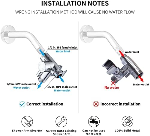 G-Promise Solid Metal Shower Arm Diverter with Holder for Hand Held Showerhead and Fixed Spray Head, G 1/2 3-Way Bathroom Universal Diverter System Replacement Part (Polished Chrome)