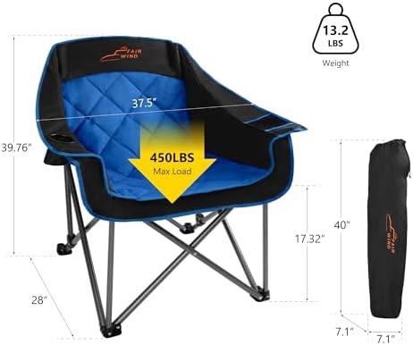 FAIR WIND Oversized Padded Camping Chair Heavy Duty Quad Fold Arm Chair Portable for Outdoor - Support 450LBS, Blue