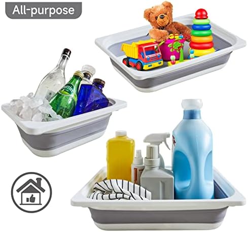 Beright 2 Pack Storage Bins, Collapsible Wash Basin Folding Dish Tub Sink, Space Saving for Dishing, Fruit, and Camping, Hiking and Home, Grey, 2 in 1 Set