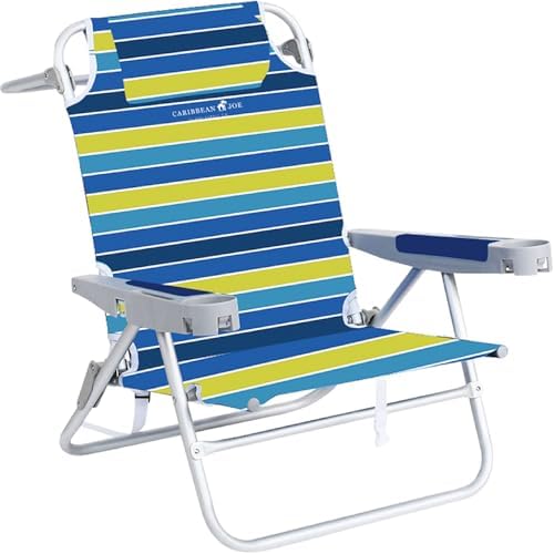 CARIBBEAN JOE Folding Beach Chair, 5 Position Portable Backpack Foldable Camping Chair with Headrest and Cup Holder Armrests, Bold Stripe