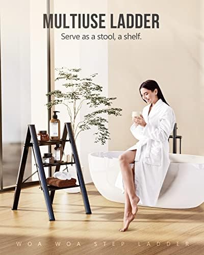 WOA WOA 3 Step Ladder, Foldable Step Stool, Aluminum Lightweight Ladder for Home Kitchen Closet, Anti-Slip Pedals, Ease of Folding, Portable, 300lbs Capacity - Black