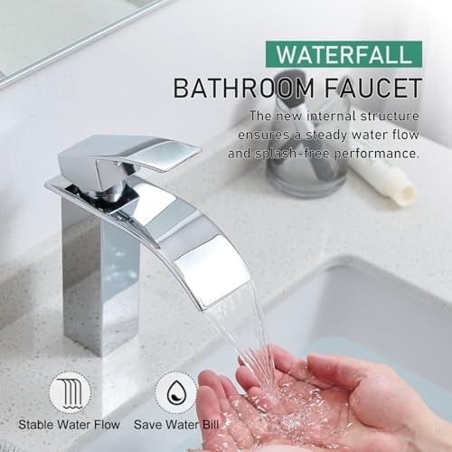 VOTON Chrome Bathroom Faucets Waterfall Bathroom Sink Faucet Modern Single Handle Bathroom Faucet for 1 or 3 Holes with Deck Plate and Pop-Up Drain, Rv Sink Camper Farmhouse Bathroom Faucet