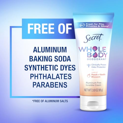 Secret Whole Body Deodorant Cream for Women, Peach & Vanilla Blossom Scent, Aluminum Free Deodorant, 72 HR Odor Protection, 3.0 oz