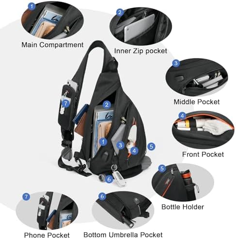 TUDEQU Sling backpack, 8 Pockets Sling Bag Crossbody, 19L Large Sling Bag for Men Travel Crossbody Backpack Hiking Outdoor