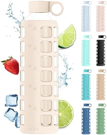 purifyou 40/32/22/12 oz Borosilicate Glass Water Bottles with Volume Markers, Silicone Sleeve, Stainless Steel Lid, Reusable Bottle for Water, Juice, Gym, and Fridge Storage (32oz Pearled Ivory)