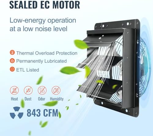 VEVOR Shutter Exhaust Fan, 10'' Wall Mount Attic Fan with Temperature Humidity Controller, 820 CFM, 10-Speed Adjustable, Ventilation and Cooling for Greenhouses, Garages, Chicken Coops, ETL Listed