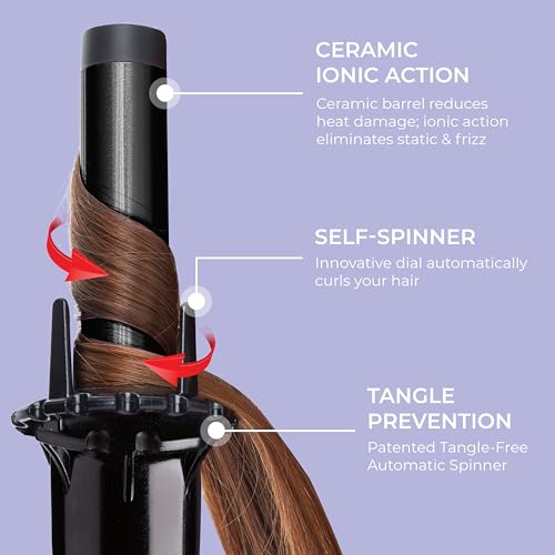 KISS Instawave Deluxe Automatic Rotating Curling Iron, Patented Automotic Spinner, 2-Way Rotation, 1” Ceramic Ionic Wand, Dual Heat Settings, 420° Max Temperature, Black & White