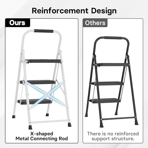 BONTEC 3-Step Ladder, Folding Step Stool, 600lbs Max Load Capacity, Sturdy Steel, Non-Slip Pedals, Lightweight, Portable Steel Ladder with Convenient Handrail, Safety Design for Home & Work, White
