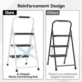 BONTEC 3-Step Ladder, Folding Step Stool, 600lbs Max Load Capacity, Sturdy Steel, Non-Slip Pedals, Lightweight, Portable Steel Ladder with Convenient Handrail, Safety Design for Home & Work, White