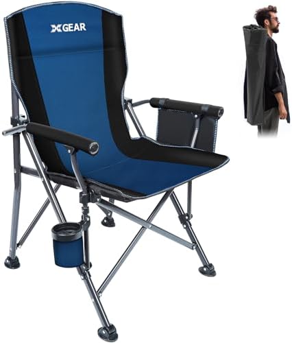 XGEAR Portable Camping Chairs for Adults with Padded Hard Armrest, Sturdy Folding Camping Chair with Cup Holder, Storage Pockets Carry Bag Included, Support to 300 lbs(Blue)