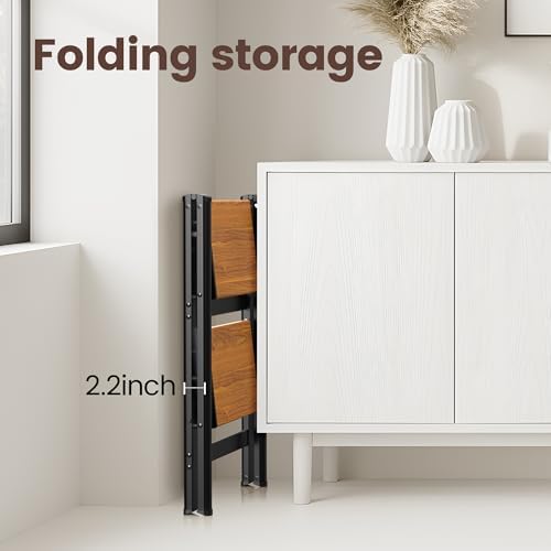 HBTower 2 Step Stool,Lightweight Aluminum Folding Step Stool with Anti-Slip Wide Pedal,330lbs Capacity 2 Step Ladder for Household,Kitchen,Office - BlackWoodgrain