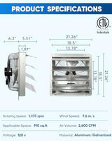 KEN BROWN 18 Inch Shutter Exhaust Fan, 2450CFM High Speed Wall Mounted Vent Fan with 1.65m Power Cord, Ideal for Garage, Attic, Greenhouse, Shed, Shop