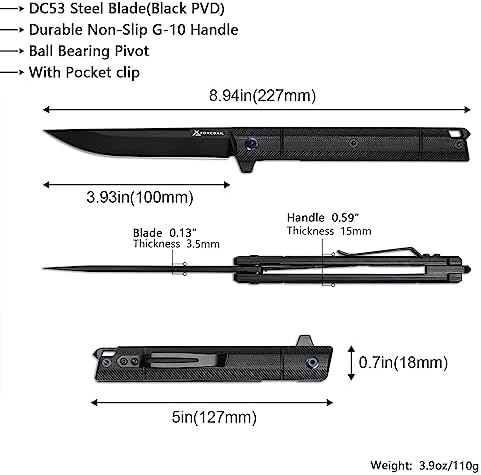 Flipper Pocket Folding Knife,DC53 Steel Blade and G10 Handle. With pocket clip and glass breaker,men's pocket knife hiking trip EDC tool Knife (Black PVD Blade-D)