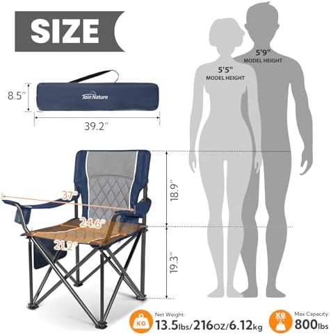 Outdoor Large Camping Chairs for Adults, Heavy Duty Camp Chair Support 800lbs, King Kong Folding Chairs with Padded and Pocket for Outside, Sports, Lawn, Built Durable and Reliable, Blue