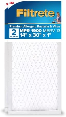 Filtrete 14x30x1 AC Furnace Air Filter, MERV 13, MPR 1900, Premium Allergen, Bacteria & Virus Filter, 3-Month Pleated 1-Inch Electrostatic Air Cleaning Filter, 2-Pack (Actual Size 13.81x29.81x0.78 in)