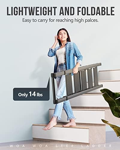 WOA WOA 5 Step Ladder, Ladders for Home, Anti-Slip Pedals, Aluminum Step Stool Foldable, Lightweight to Move, Ease of Storage, Reach 10ft for Closet Kitchen Library, Hold 300lbs - Black