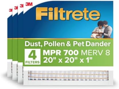 Filtrete 20x20x1 AC Furnace Air Filter, MERV 8, MPR 700, Tough on Pollen, Easy on Airflow, 3-Month Pleated 1-Inch Electrostatic Air Cleaning Filter, 4-Pack (Actual Size 19.880 x 19.880 x 0.78 in )