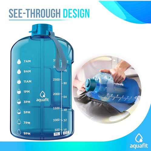 AQUAFIT 1 Gallon Water Bottle With Times To Drink - 128 oz Straw Motivational Large Sports Time Marker Gym Jug