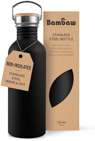 Bambaw Metal Water Bottle 24 oz, Non-insulated Black Water Bottle Metal, Single Walled Stainless Steel Water Bottle, Reusable Water Bottle, Portable & BPA Free Water Bottle – Jet Black