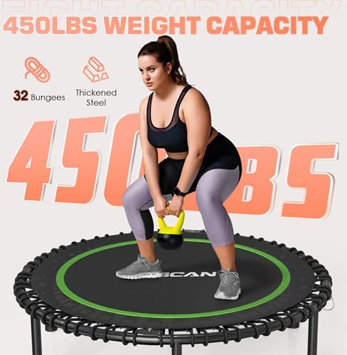 BCAN 450/550 LBS Foldable Mini Trampoline, 40"/48" Adult Fitness Trampoline with Bungees, U Shape Adjustable Foam Handle, Stable & Quiet Exercise Rebounder,Indoor/Outdoor Workout