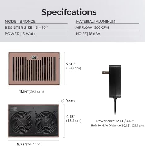 Quiet Register Booster Fan Fits 6" x 10" Register Holes, 10-Speed Smart Heating Cooling AC Vent Fan with Remote Control and Thermostat Control - Bronze