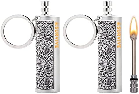 SURVIVE Permanent Match Metal, 2 Pack, Reusable Survival Fire Starter Lighter, Emergency Waterproof Keychain Striker Stick Kit