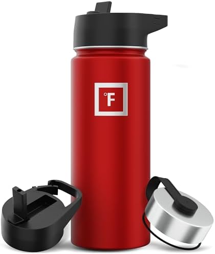 IRON °FLASK Camping & Hiking Hydration Flask with 3 Lids - Stainless Steel, Double Walled & Vacuum Insulated Water Bottle - Leak Proof & BPA Free (Fire Red, Straw - 18 oz)