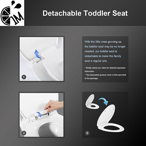 Elongated Toilet Seat with Toddler Seat Built In, Slow Close for Both Child & Adult Seats, Potty Training Seat, No Wiggle and Easy to Install, Detachable Toddler Seat for Longterm Usage, White