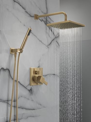 Delta Faucet Modern Raincan 2-Setting Square Shower System Including Rain Shower Head and Handheld Spray Gold, Rainfall Shower System Gold, Shower Valve and Trim Kit, Champagne Bronze 342701-CZ