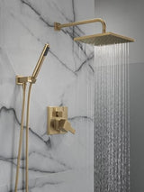 Delta Faucet Modern Raincan 2-Setting Square Shower System Including Rain Shower Head and Handheld Spray Gold, Rainfall Shower System Gold, Shower Valve and Trim Kit, Champagne Bronze 342701-CZ