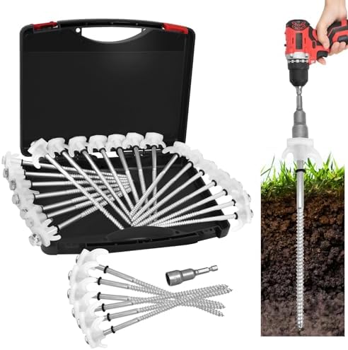 20 Pack 8" Screw in Tent Stakes Heavy Duty- Ground Anchors Screw- Tent Pegs Camping Stakes- Hex Pegs Drillable Tent Stakes and Hexagon Head Drive and Storage Box (White)