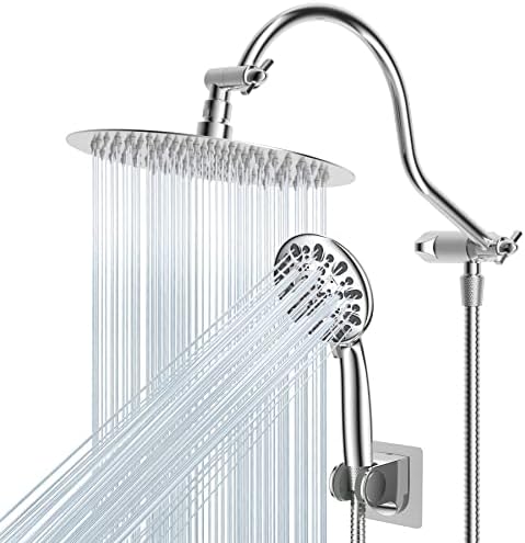 Hibbent All Metal Shower Head, 10'' High Pressure Rainfall Shower Head/Handheld Showerhead Combo with 12'' Adjustable Curved Shower Extension Arm, 7-Spray, 71'' Shower Hose, Shower Head Holder, Chrome