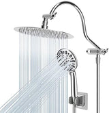Hibbent All Metal Shower Head, 10'' High Pressure Rainfall Shower Head/Handheld Showerhead Combo with 12'' Adjustable Curved Shower Extension Arm, 7-Spray, 71'' Shower Hose, Shower Head Holder, Chrome
