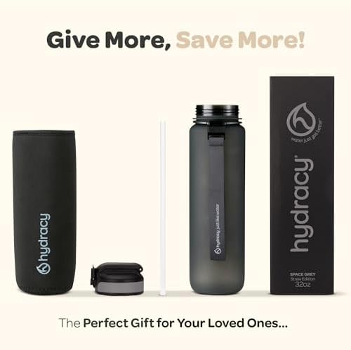 Hydracy Water Bottle with Time Marker -Large BPA Free Water Bottle & No Sweat Sleeve -Leak Proof Gym Bottle with Fruit Infuser Strainer & Times to Drink -Ideal for Fitness Sports & Outdoors