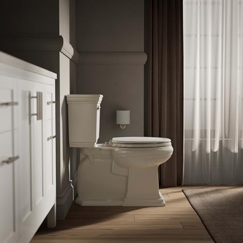 KOHLER Stonewood Quiet-Close Elongated Toilet Seat, Slow Close Design, Durable Wood, Easy Installation, Universal Fit, Biscuit, K-20466-96