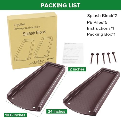 Splash Blocks for Gutters Downspouts, 24" Downspout Extensions for Rain Water Drainage, Thickened Gutter Splash Guard with Fixing Piles(2 Pack, Brown)