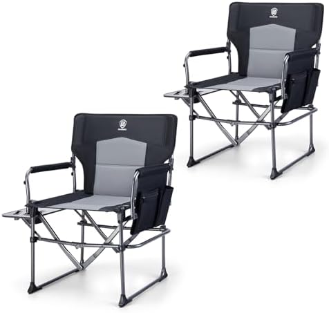 EVER ADVANCED Camping Directors' Chair with Side Table, Portable Folding with Compact Size, Heavy Duty Lawn Chair with Pocket for Camping, Lawn, Sports and Fishing, 400lbs, Black 2 Pack
