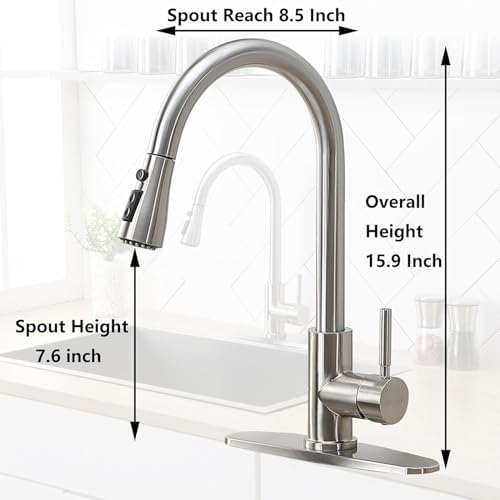 Kitchen Faucets with Pull Down Sprayer, Brushed Nickel High Arc RV Laundry Bar Commercial Sink Faucet, 1 or 3 Hole Stainless Steel Single Handle Faucets for Kitchen Sink with Deck Plate