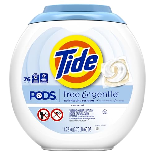Tide PODS Free & Gentle Laundry Detergent Soap Pacs, HE Compatible, Unscented, Gentle on Skin, 76 Count, Tide PODS Laundry Detergent