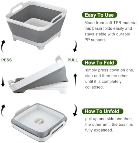 Dishpan, 9L Collapsible Washing Basin (Gray, PP, TPR), Portable Dish Tub with Drain Plug, Space-Saving Drying Rack for Kitchen, Camping, Laundry use