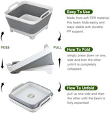 Dishpan, 9L Collapsible Washing Basin (Gray, PP, TPR), Portable Dish Tub with Drain Plug, Space-Saving Drying Rack for Kitchen, Camping, Laundry use