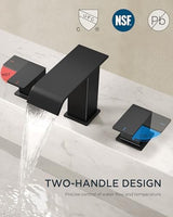 FORIOUS Matte Black Waterfall Bathroom Faucets 3 Hole, 8 Inch Widespread 2 Handles Bathroom Sink Faucet with Pop-up Drain and Flexible Hot and Cold Water Hoses, Suitable for Vanity RV Restroom