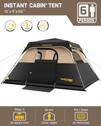FanttikOutdoor Camping Tent 4/6/8/10 Person Instant Cabin Tent Setup in 60 Seconds with Rainfly & Windproof Portable with Carry Bag for Family Camping & Hiking