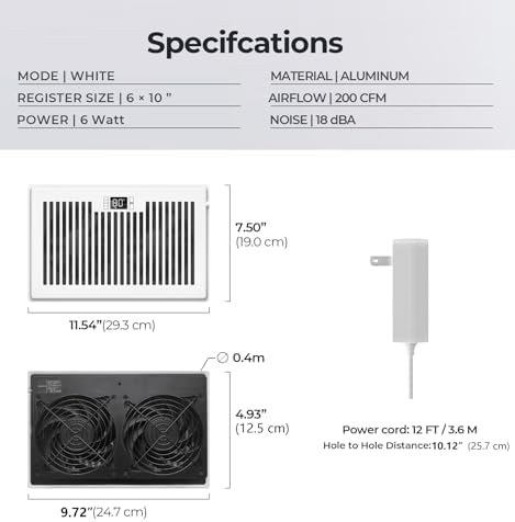 Quiet Register Booster Fan Fits 6" x 10" Register Holes, 10-Speed Smart Heating Cooling AC Vent Fan with Remote Control and Thermostat Control - White