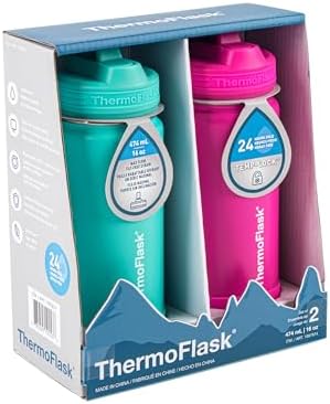 ThermoFlask Kids Bottle with Straw Lid - Durable & Dishwasher-Safe Water Bottles & Lids - Leak-Proof Bottle Lid Design - Reusable Water Bottles for Everyday Use - 16 oz, Aquamarine/Storm Pink (2 Pack)