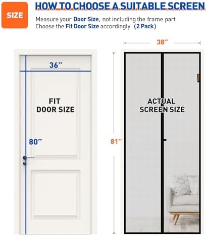 MAGZO Magnetic Screen Door 2 Pack Fit Door Size 36 x 80 Inch, Screen Size 38" x 81" Strong Magnets Mesh, Reinforced Fiberglass Net for Patio and Front Entrances, Gray