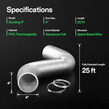 VIVOSUN 4 Inch 25 Feet Flex Air Aluminum Duct for Ventilation, 2 Clamps Included, Long Heavy-Duty Multi-Layer Dryer Hose Vent Kit, Duct Fan Systems